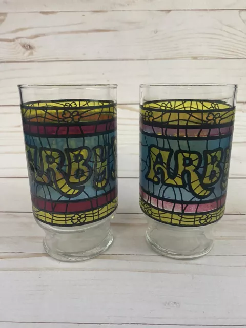 Vintage 70s Arbys Restaurant Stained Glass Drinking Tumblers 2x