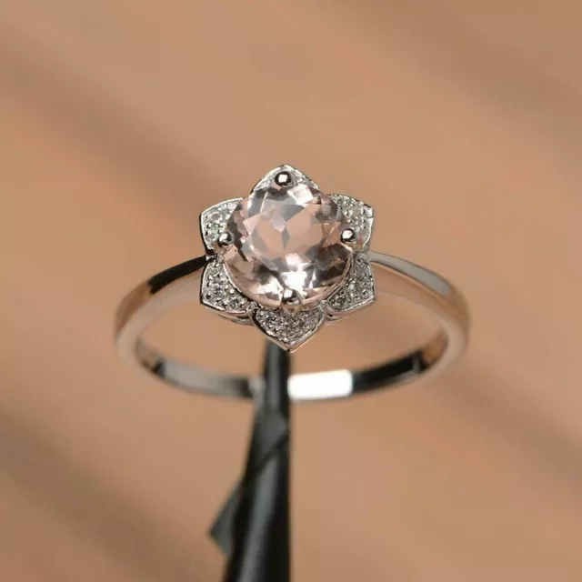 1.36Ct Round Cut Natural Morganite Diamond Engagement Ring 14K White Gold Size 7