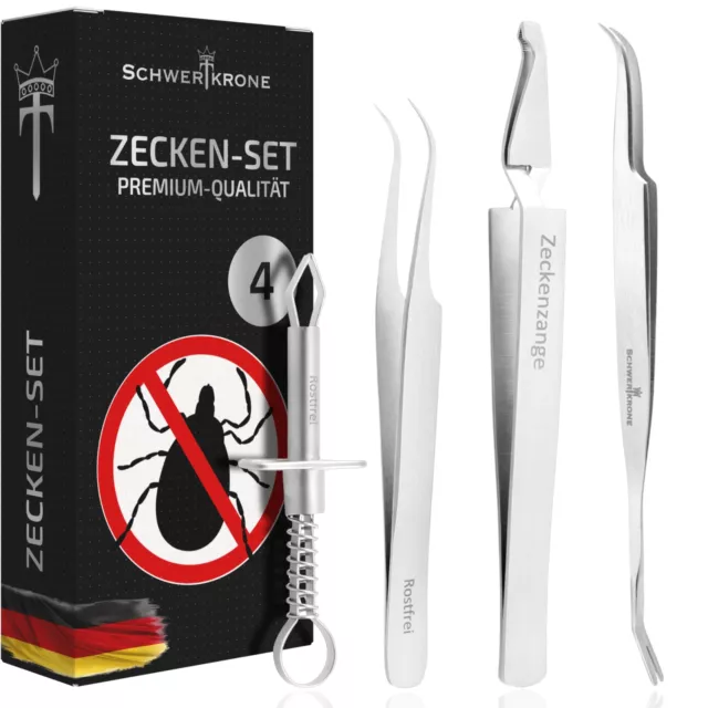 Schwertkrone Zeckenzange 4-Teiliges Set Premium Rostfrei Edelstahl | Zeckenzange