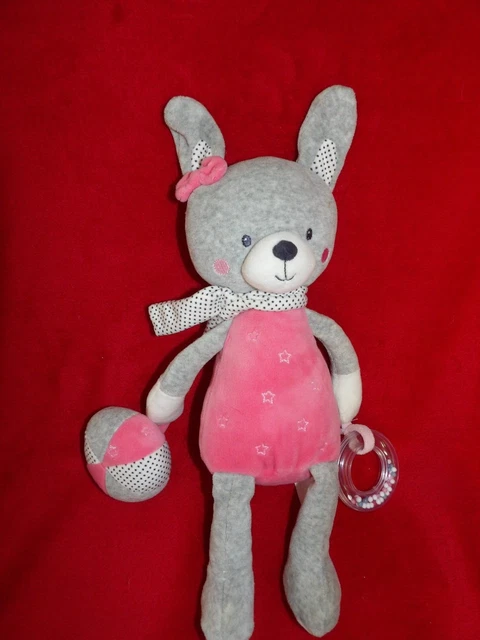 Doudou Peluche D'activités Lapin rose blanc et gris étoiles TEX BABY etat neuf