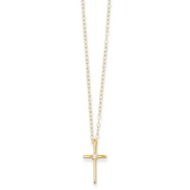 Kids .01 Carat Diamond Cross Necklace in 14k Yellow Gold - 15 Inch