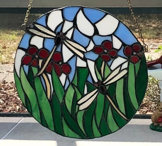 Beautiful Older Leaded Stained-Glass Window / Wall Hanging Of Dragon Flies