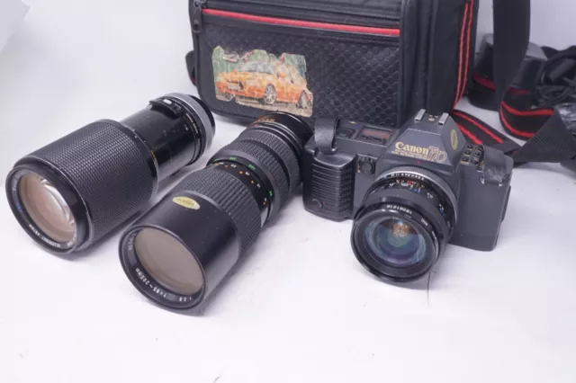 Vintage Canon T70 Film SLR Camera With 28mm Prime, 85-205mm & 70-210mm lens