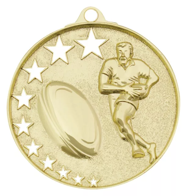 Rugby with Stars Medal Gold 50mm With Neck Ribbon Engraved FREE