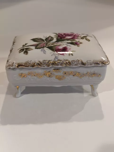 Vintage Porcelain Vanity Trinket Box L&M Roses Rectangular Footed 1950's EUC