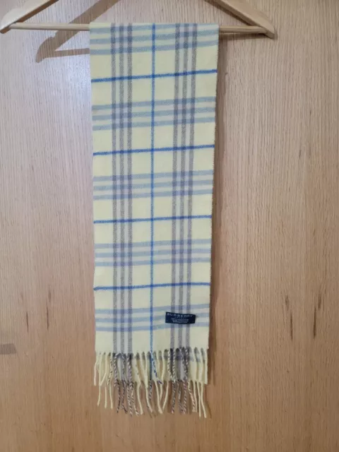 Gorgeous BURBERRY London 100% Lambswool Scarf, Check Yellow/Blue/Brown 44 x 8 in