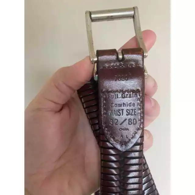 FULL GRAIN COWHIDE leather belt mens 32 dark brown brass hardware woven ...