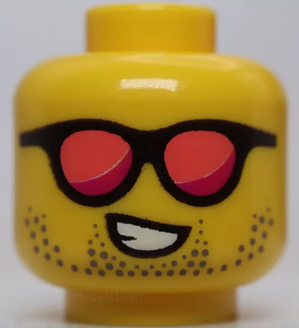 Lego Head Black Sunglasses Coral and Magenta Lenses Dark Tan Stubble Open Mouth