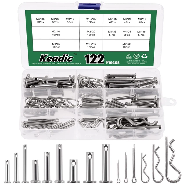 122 Pcs 304 Stainless Steel Cotter Pin Hair Pin with Clevis Pin Assortment Kit,n