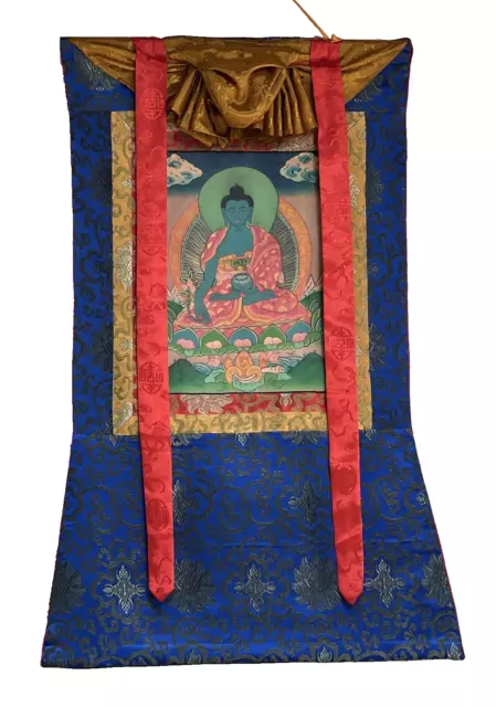 Medicine Buddha Oil Varnished Tibetan Thangka/Thanka Painting With Silk Brocade