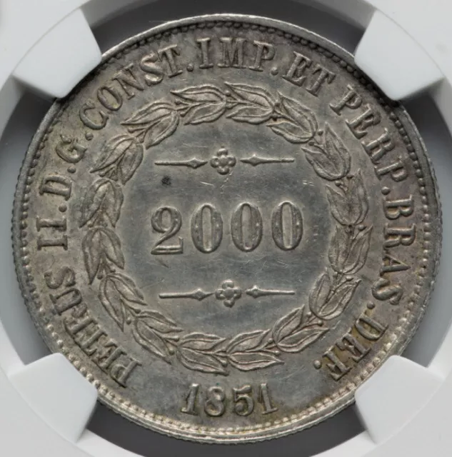 1851 Brazil Pedro II Silver 2000 Reis Coin, NGC UNCIRCULATED KM# 462, LUXURIOUS!