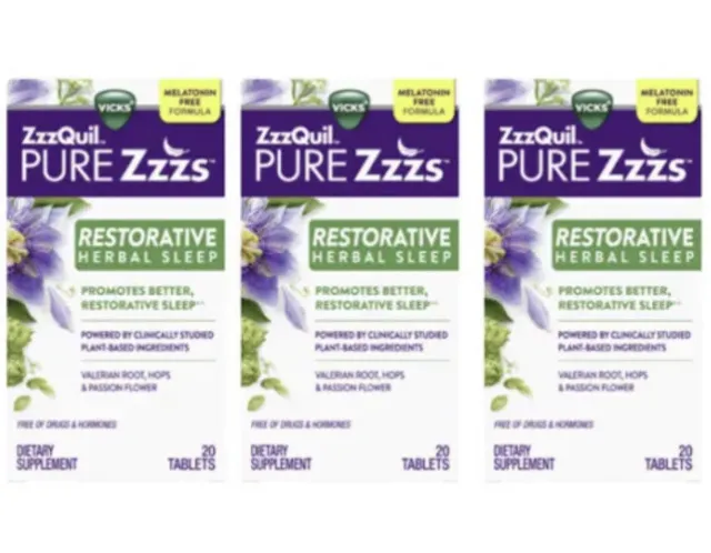 Vicks 3x ZzzQuil Pure Zzzs Restaurador Herbal Sueño 20 Tabletas Cada Expiración 3/2024