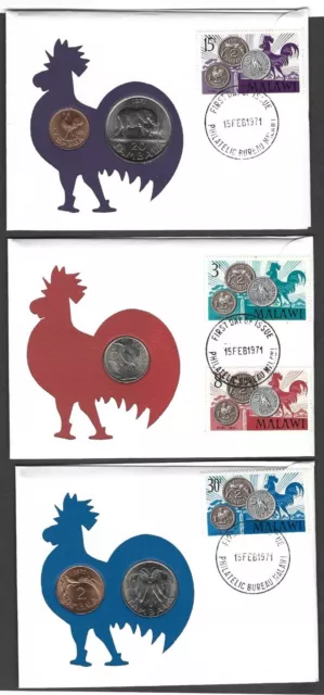 3 Malawi Stamp & Coin Sets + Inserts 1971 First Day Of Issue Covers 99 Company