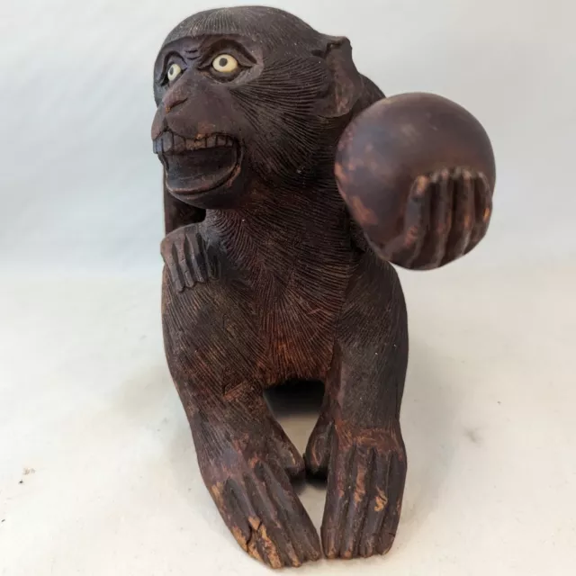 Antique Japanese Wood Okimono Statue of Monkey holding Persimmon Fruit Japan