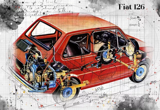 Line Tech Drawing  Fiat 126    Auto Car Classic Cutaway Art Poster Print