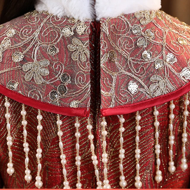 Ragazza Hanfu Abito Ricamato Pelliccia Finta Bordo con Nappa Avvolgere Spesso 9