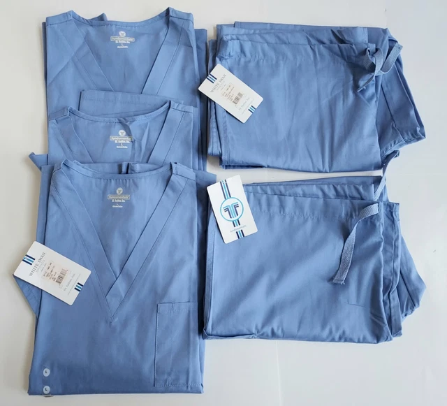 NWT 5 Pc Lot Fundamentals Scrubs Cotton/Poly Ceil Blue Unisex L - 2 Pants 3 Tops