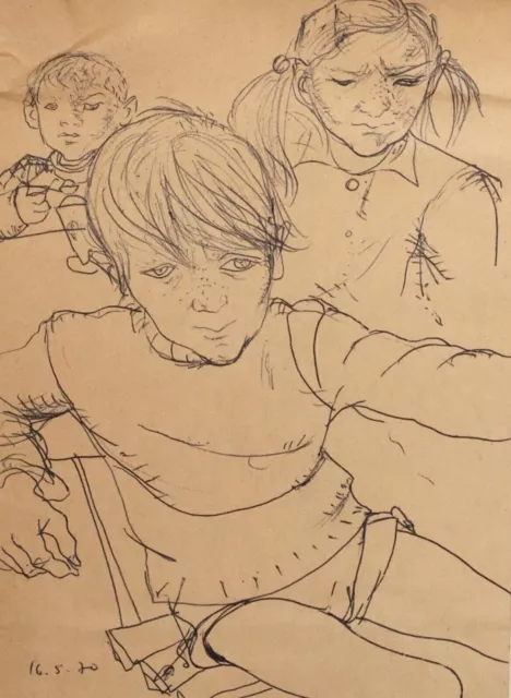 Vintage ink drawing three sad children portrait