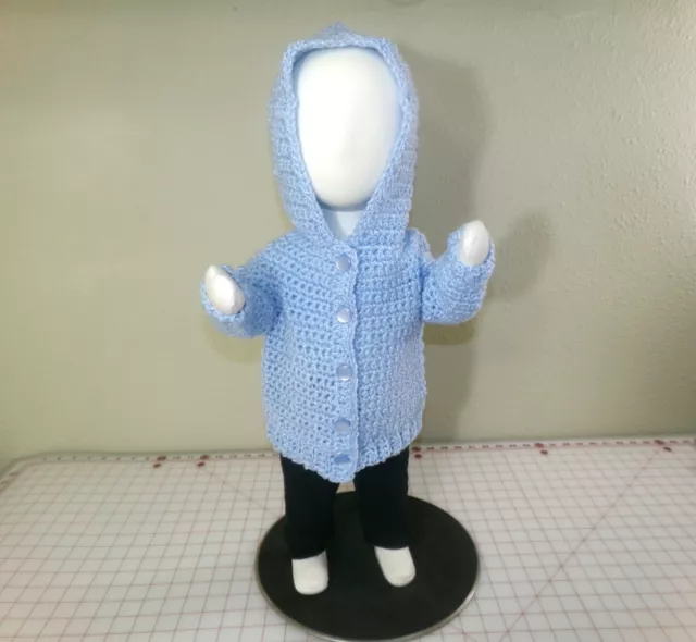 Handmade Crocheted Baby Cardigan Hoodie Sweater. Blue Long Sleeve Button Up.