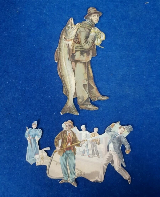 Rare Antique Victorian Die Cut Scrap Lot X2 Comic Figures Men W/ Fish And Other