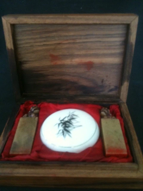 Pair Carved Stone Chops Lidded Porcelain Bamboo Motif Ink Pad Brass Inlay Box