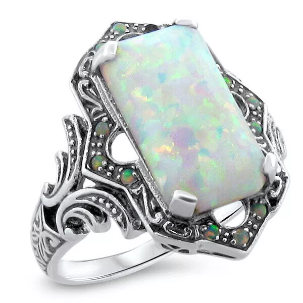 Classic Design Victorian Style 925 Sterling Silver Lab-Created Opal Ring    #618 2