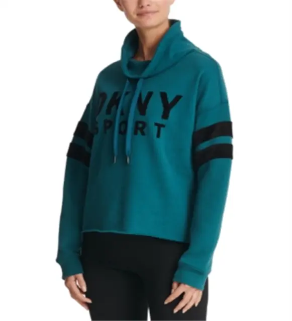 DKNY Women's Sport Velour Logo Funnel Neck Sweatshirt Green Size XL