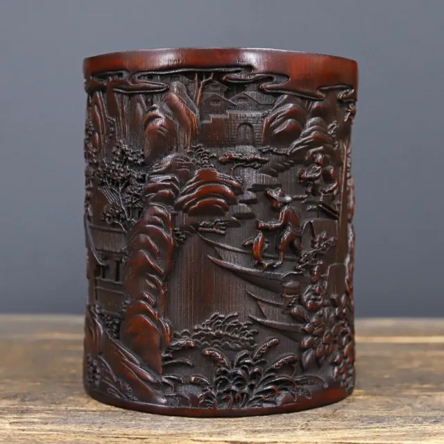 Chinese Antique Old Bamboo Carved Scenery Brush Pot Collection Office Supplies