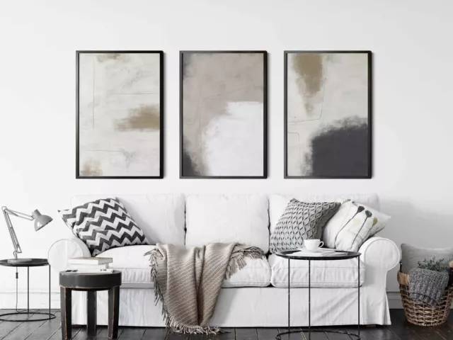 Abstract Print Set Of 3  Neutral  Black and Beige Modern Wall Art Picture Home