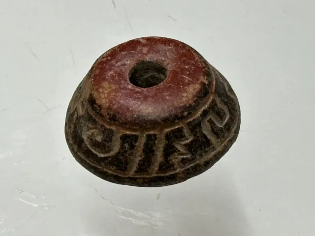 Rare Red & Black Painted Pre-Columbian Engraved Pottery Spindle Whorl Bead