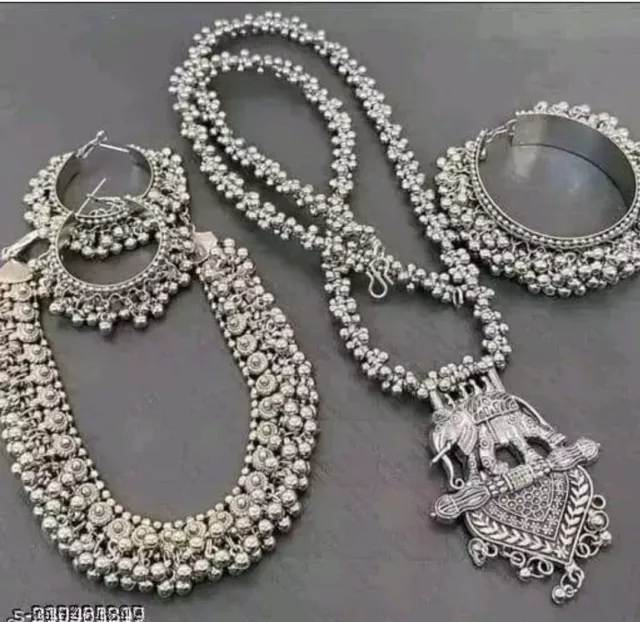 Ethnisch Indisch Bollywood Set Silber Oxidierte Jhumka Ohrring Halskette Armband