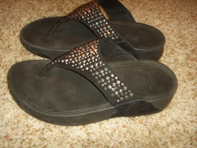 FitFlop Novy Black Rhinestone Thong Sandal Womens Size 6