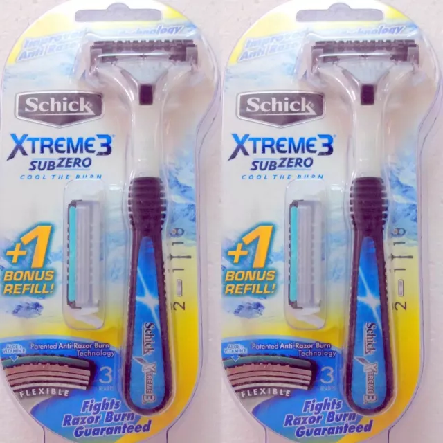 2 x Schick Xtreme3 SubZero Razor with 2 Cartridge and 1 free Razor Shower Hanger