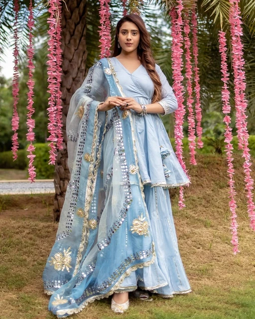Rayon Fabric Heavy Gota Work Salwar Kurta Sharara & Dupatta Women Party Dress