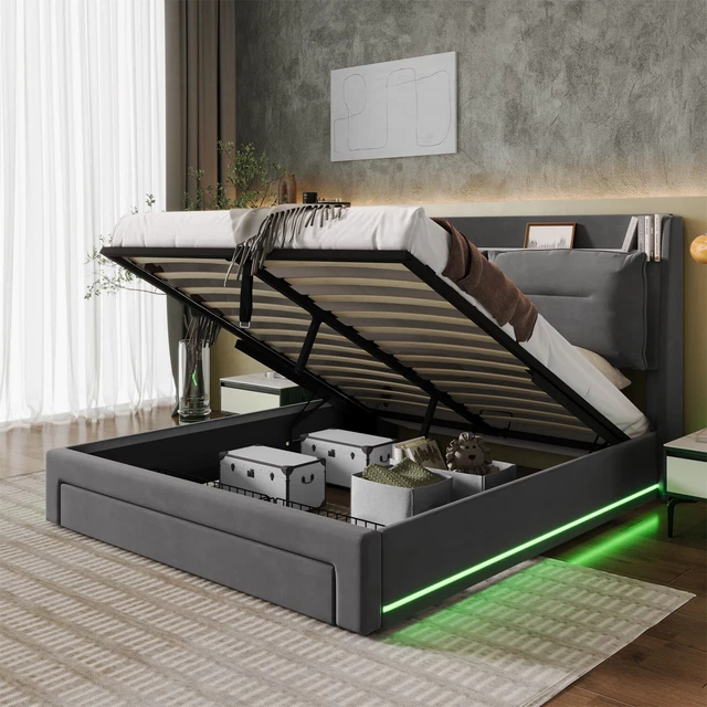LED UPHOLSTERED BED Ottoman Storage Gas Lift Bed Frame 5ft King Size ...