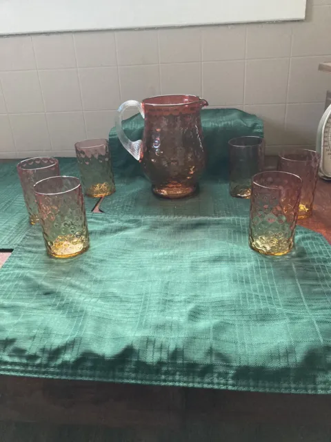 Vintage Amberina Glass Water Set In The Polka Dot Pattern. Unsigned