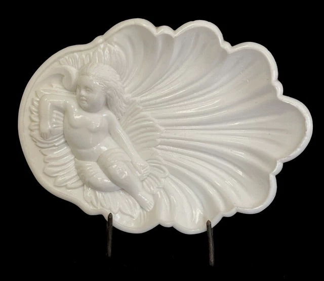 Antique Victorian Era Milk Glass Shell Dish with Cherub / Angel NOT AVON