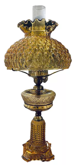 24" Tall Vtg Amber Glass Quilted Hurricane Table Lamp 10" Shade 3 Way Light MCM