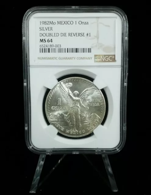 1982 Mo Mexico 1 Onza Silver Libertad Double Die Reverse #1 NGC MS-64 #8630