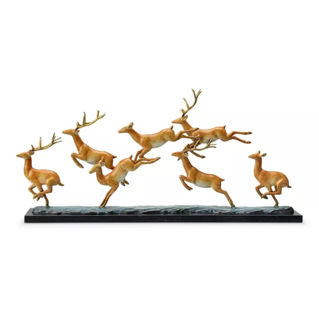 SPI Home Leaping Deer Herd Brass and Marble Statue