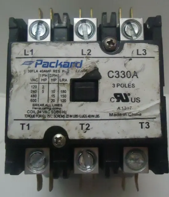 HVAC Definite Purpose Contactor Packard C330A 3 Pole 30 Amps Coil 24 VAC