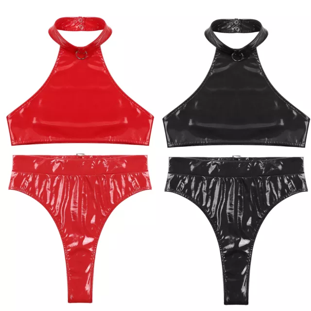 Women PVC Leather Nightclub Lingerie Set Sexy Patent Leather Nightwear Backless 2