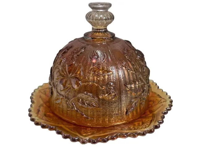 Imperial Carnival Glass Butter Dish Marigold Round Dome Lid Lustre Rose Vintage
