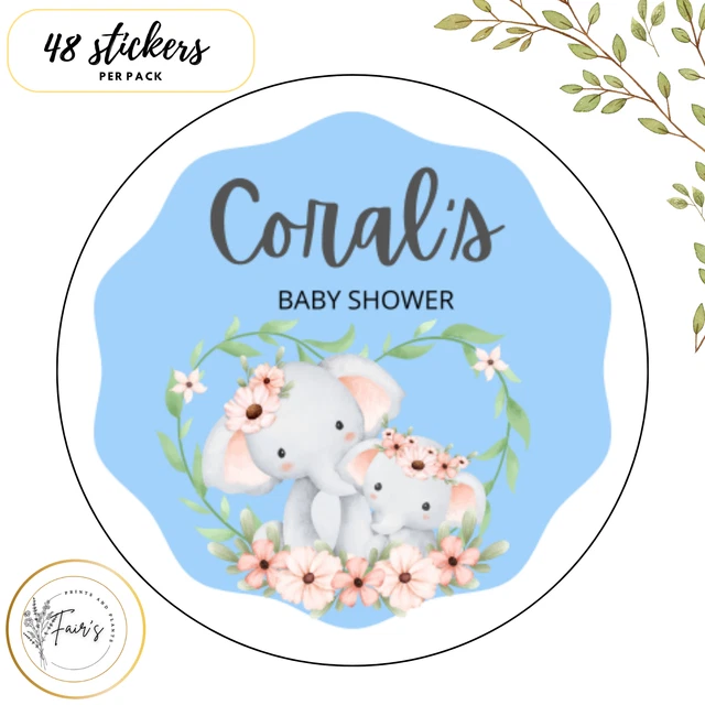 48 x Adesivi Baby Shower, Personalizzati, Rosa, Elefante, Ragazzo o Ragazza, 40mm