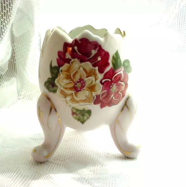 Footed Cracked Egg Vase Pink Porcelain Handpainted Roses Vintage