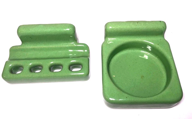 VTG Ceramic Tile-In Bathroom Cup + Toothbrush Holder Jadeite Green Color 2 pcs.