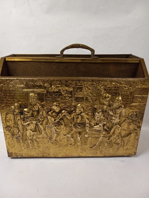 Vintage Embossed Hammered Brass & Wood Magazine Holder w/ Rare Old English Scene