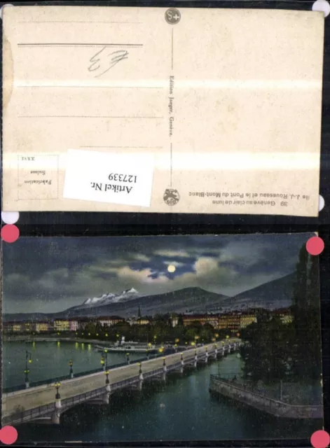 127339,Genf Geneve Ile JJ Rousseau et le Pont du Mont Blanc Nachtansicht