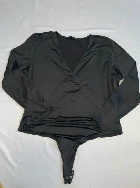 MSRP $59 Black Tape Stretch Wrap Style Long Sleeve Body Suit Black Size X