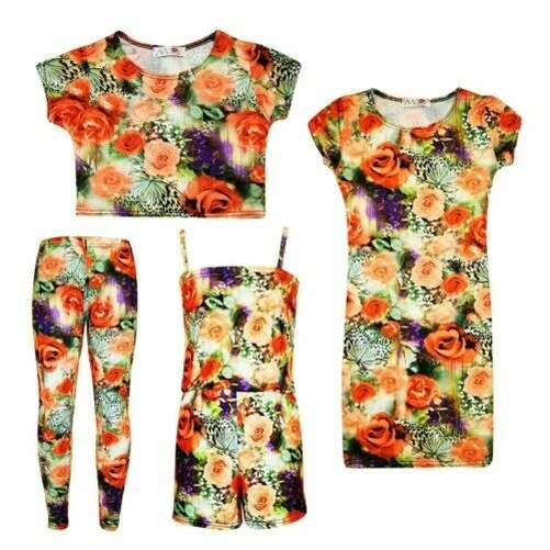 Bambine Rose Floreale Stampa Midi Abito Top Corto Legging & Tutina 7-13 Anni